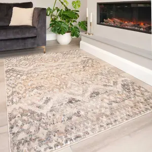 Neutral Beige Distressed Diamond Geometric Soft Living Area Rug 160x230cm