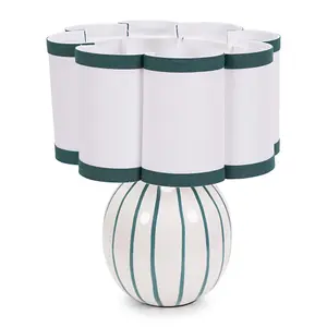 ValueLights Rohan Sky Blue Stripe Ceramic Bedside Table Lamp with Scallop Shade - LED Bulb Included