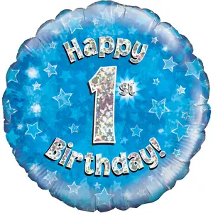 Oaktree 18 Inch Happy 1st Birthday Blue Holographic Balloon Blue/Silver (One Size)