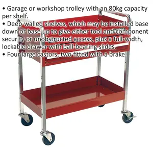 Durable 2-Tier Workshop Trolley with Lockable Drawer - 80kg Capacity in Red