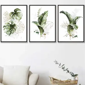 Set of 3 Framed  Framed Green and Gold Botanical Leaves / 42x59cm (A2) / Black