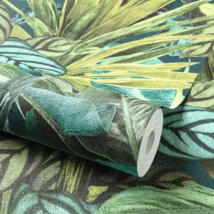 Grandeco Painted Leaves Tropical Vista Wallpaper, Green Teal