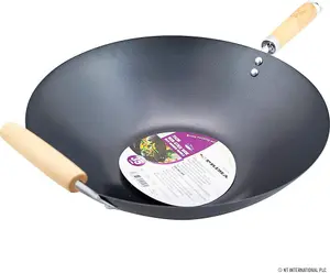 New 35cm Non Stick Wok Cookware Double Wooden Handle Cooking Kitchen Stir Cook