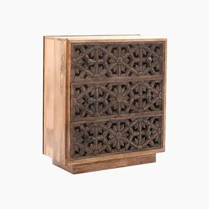 Zaayah Cut Work Three Chest of Drawers - Mango Wood - L80 x W38 x H80 cm - Natural