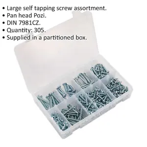 305 Piece Self Tapping Screw Assortment - Zinc Pan Head Pozi - Multiple Sizes for All Projects