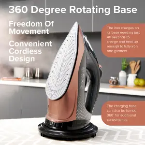 Quest Rechargeable Cordless Steam Iron - Ceramic Soleplate - Self Cleaning - Adjustable Temperature and Steam Output - 2400W