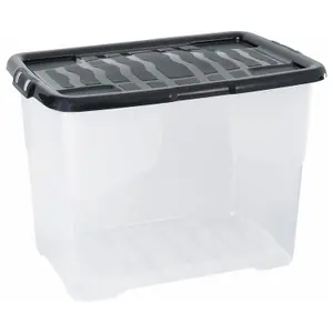 1 x 80 Litre Clear Transparent Base Stackable Curve Plastic Storage Box With Black Lid