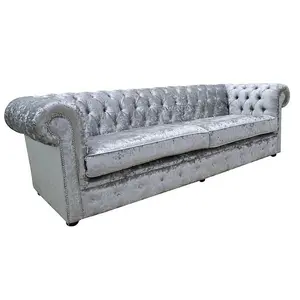 Chesterfield 4 Seater Sofa Shimmer Silver Velvet Fabric In Classic Style