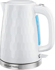 Russell Hobbs Honeycomb Electric 1.7L Cordless Kettle (Fast Boil 3KW, White Premium Plastic, Matt & High Gloss Finish, Removable Washable Anti-Scale