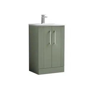 Retro 2 Door Floor Standing Vanity Unit with Curved 1 Tap Hole Ceramic Basin - 500mm - Satin Green - Balterley