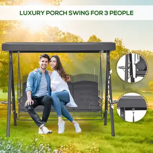 Outsunny 3 Seat Garden Swing Chair Patio Steel Swing Bench w/ Cup Trays Grey