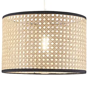 Natural Wicker Rattan Drum Shaped Pendant Lamp Shade with Black Cotton Trims