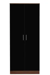 REFLECT 2 Door Plain Wardrobe in Gloss Black Door Fronts and Walnut Carcass