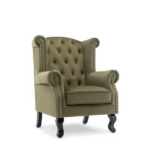 Velvet Sage Green Fireside Henley Wingback Armchair with Buttons