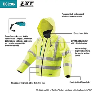 Makita DCJ206Z Hi Viz LXT 14.4v / 18v Cordless Battery Heated Jacket - Large L