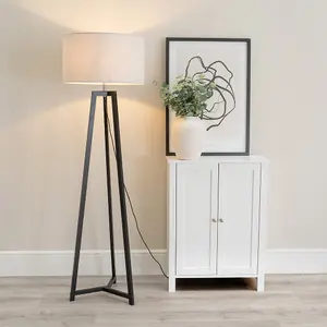 ValueLights Lottie Black Wood Tripod Floor Lamp with Grey Drum Shade - LED Bulb Included