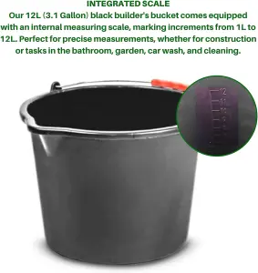 Set of 4 12L Gallon Black Plastic Bucket with Handles -Sturdy Water Bucket Big Bucket with Measuring - Ideal for Home and Garden