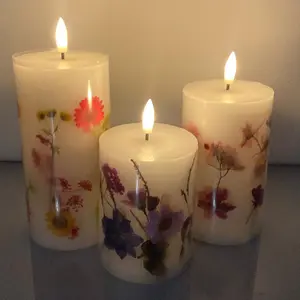 Set of 3 Dried Flower Embedded Real Wax LED Flame Candles - Battery Powered Candle Lights with Floral Design - H18, H12 & H10cm