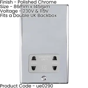 230V & 115V Shaver Twin Socket Wall Plate CHROME & GREY Trim 86mm x 146mm