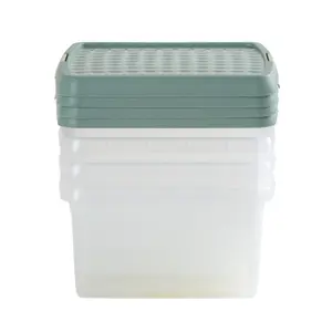 Wham Clip 4x 9L Square Plastic Storage Boxes with Secure Clip Lock Lids. L:29 x W:29 x H:15.5cm Clear/Green Milieu/Stone