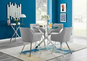 Furniturebox UK Novara Chrome Metal Round Glass Dining Table And 4 Light Grey Falun Silver Leg Chairs