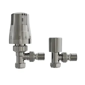 Right Radiators Satin Nickel Thermostatic Angled TRV & Lockshield Radiator Valves Set 1/2"x15mm