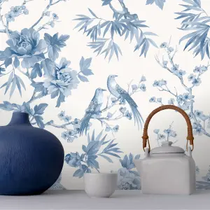 Rasch Chinoiserie Water Colour Blue & White Floral Birds Wallpaper 260554