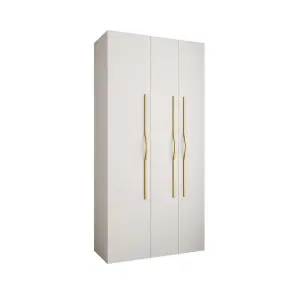 Stylish White Como II Hinged Door Wardrobe H2460mm W1200mm D500mm, Three Doors, Eight Shelves, One Hanging Rail, Gold Handles