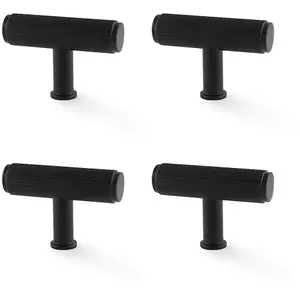 4 PACK - Reeded T Bar Cupboard Door Knob - 55mm x 38mm Matt Black Lined Pull Handle