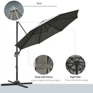 Outsunny 3(m) Garden Banana Parasol Patio Cantilever Hanging Umbrella Dark Grey