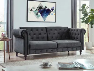 Calgary Velvet Sofa Bed Chesterfield Style 3 Seater Sofa Button Design, Dark Grey