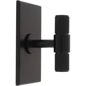 Reeded T Bar Cabinet Door Knob & Matching Backplate Lined Matt Black 76 x 40mm