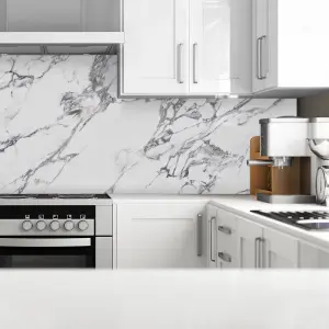 Splashwall Black & white Greek Marble effect MDF Splashback, (H)600mm (W)2440mm (T)10mm