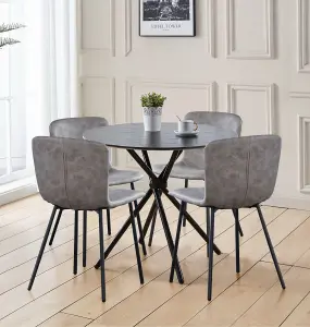 Hallowood Furniture Cullompton Small Black Round Dining Table 90cm with 4 Grey Leather Effect Chairs