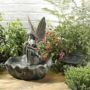 Vintage Fairy Water Fountain - Solar Powered Bronze Patina Winged Fairy Colour Water Feature