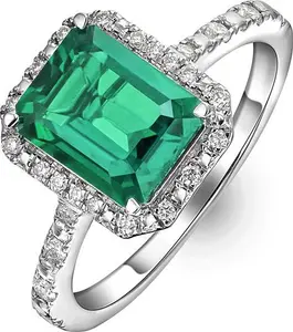 Astra 1.50Ct Lab Emerald And Diamond Halo Shoulder Set Octagon Cut Ring In Silver