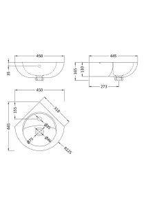 Cloakroom Wall Hung Corner 1 Tap Hole Ceramic Basin with Overflow - 450mm