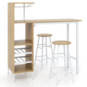 Costway 3PCS Bar Table Chair Set Industrial Dining Table Stools w/ Glass Holders & Wine Racks