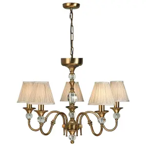 Diana Ceiling Pendant Chandelier Antique Brass & Beige Pleat Shade 5 Lamp Light