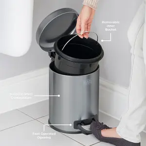 BLACK+DECKER 61319 5L Dark Stainless Steel Dome Shaped Pedal Bin With Soft Close Lid