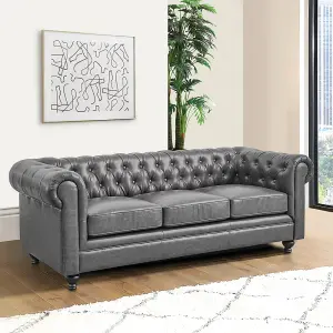 Hertford Chesterfield Faux Leather 3 Seater Sofa In Vintage Grey