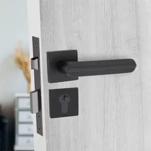 1 Pair Modern Lima Euro Lock Door Handles, 70mm Key & Key Barrell Matt Black Finish and Ball Bearing HInges - Golden Grace