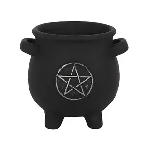 Black Terracotta Cauldron Design Plant Pot for Small Plants. Pentagram Emblem. (Dia) 11.5 cm