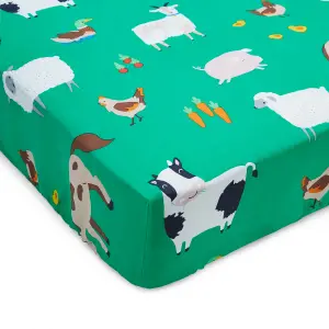 Catherine Lansfield Kids Bedroom Farmyard Animals Fitted Sheet 15cm Depth Green