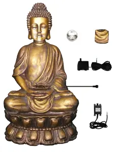 Primrose Golden Buddha Water Feature with Lights & Spinning Ball Indoor Outdoor Use H93cm