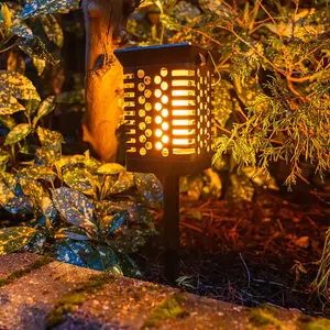 ValueLights Solar Powered Outdoor Garden Rechargeable Multi Function Black Lantern Spike Light with Flame Effect