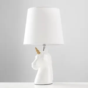 ValueLights Pair of White and Gold Ceramic Unicorn Table Lamps With White Light Shade LED Golfball Bulbs 3000K Warm White