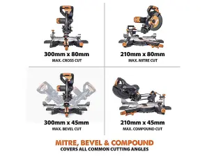 Evolution 053-0001C R255SMS-DB+ Multi-Material Sliding Mitre Saw 255mm 2000W 240V EVLR255SMSDB