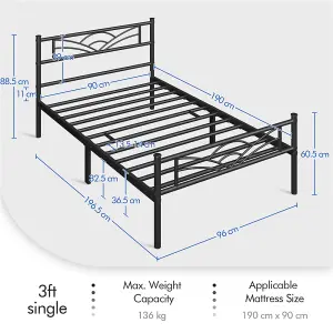 Yaheetech Black 3ft Single Metal Bed Frame with Cloud-inspired Design Headboard