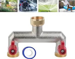 Brass 2-Way Garden Hose Tap Splitter with PTFE Tape  Durable three-quarts" Outdoor Tap Connector with Individual Valves